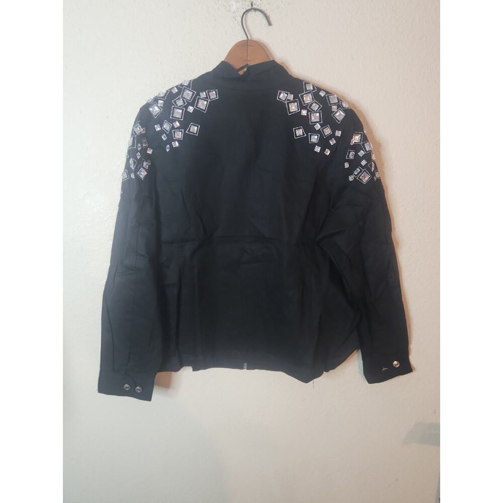 New QVC Bob Mackie Square Jeweled Zip Up Denim Jacket Black Size Large - Picture 7 of 7